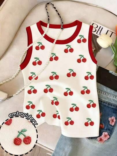 Resyla Camiseta de tirantes de mujer con cuello redondo y ribete de contraste con estampado de cerezas