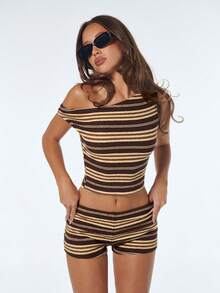 Sweetina 女士条纹不对称肩部露脐上衣和短裤两件套 - 彩色 - 查看 4
