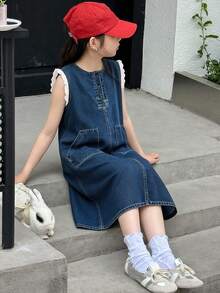 DAZY Tween Girl Round Neck Lace Patchwork Oblique Pocket Sleeveless Denim Dress - Blue - View 4