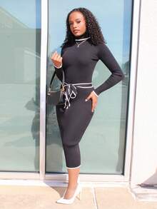 Steph T 女式优雅高领修身罗纹领结毛衣连衣裙 - 黑色 - 查看 4