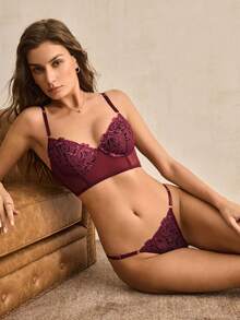 Charlaine Purple-Red Women's Embroidered Underwire Bra And Low-Waist Thong Set - Red Violet - View 3