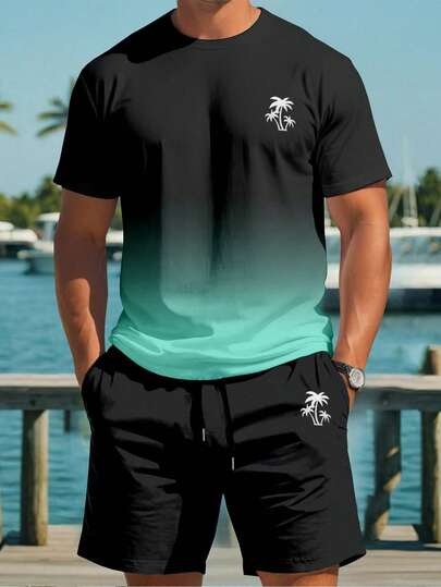 ResortEase Plus Size Men's Casual Palm Tree Ombre Print Short Sleeve T-Shirt And Shorts Set