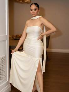 Melissa Matos Váy dài bồng bềnh không dây vải bóng trơn thời trang mới, váy xẻ tà eo nhún, thích hợp cho đám cưới, tiệc tốt nghiệp, hẹn hò, kỳ nghỉ - Màu be - Xem 6