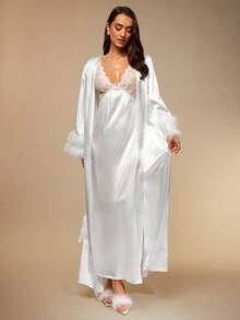 Silquee Lace-Panel Satin Slip Dress And Double-Layer Fuzzy Cuff Belted Robe Pajama Set White Set, Fall Winter Clothes  Valentine's Day Sexy Lace Galentines Adult Date Night  Spandex See Through Romantic Sexy Curve  Spring And Summer Feathered White Satin Cardigan Long-Sleeved Robe, Suitable For Wedding Parties, With A Lace Deep V-Neck Inner Dress. - White - View 3