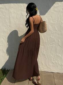 Sunnyshic Áo hai dây xếp ly chun co giãn, chất liệu vải họa tiết đào, dáng rộng, tôn dáng, kiểu dáng nghỉ dưỡng, không tay. - Cà phê nâu - Xem 2