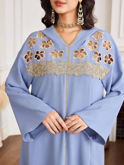 Al Najma Túnica larga tradicional árabe con capucha, mangas dolman y bordado floral calado para mujer