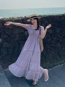 DAZY Women's High-Density Cotton Blend Purple & Blue Contrast Lace Waist Dress, French Design Elegant Long Dress - Mauve Purple - View 5