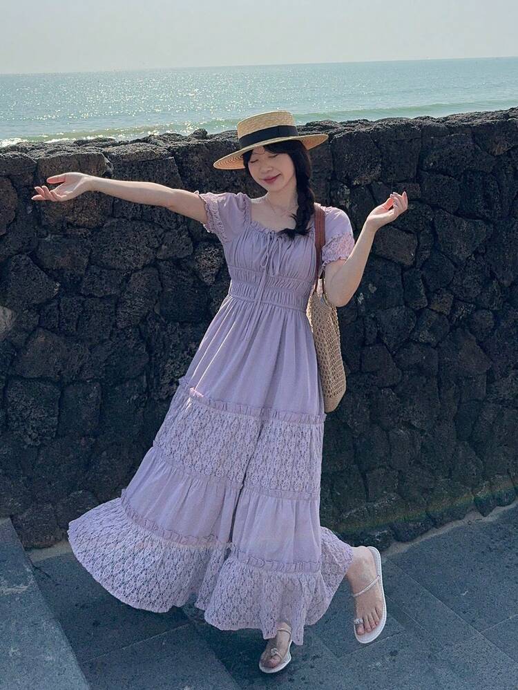 Women's High-Density Cotton Blend Purple & Blue Contrast Lace Waist Dress, French Design Elegant Long Dress Summer