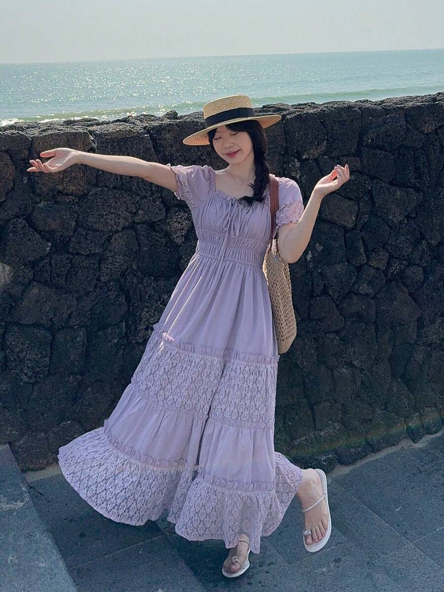 DAZY Women's High-Density Cotton Blend Purple & Blue Contrast Lace Waist Dress, French Design Elegant Long Dress - Mauve Purple - View 1