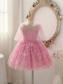 Glamorique Kids Vestido de Princesa de Tule Bordado sem Mangas para Meninas, Rosa, Saia Volumosa Fofa, Adequado para Dama de Honra, Festa de Aniversário, Casamento, Feriado, Sessão de Fotos, Todas as Estações - Rosa chiclete - Visão 2
