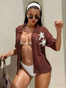 Swim Vcay 时尚新款针织优雅度假风3D椰树镂空短袖罩衫（女款） - 咖啡棕 - 查看 4