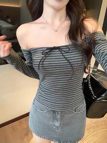 DAZY 女士露肩条纹系带修身休闲长袖衬衫，百搭又性感 - 黑色 - 查看 5