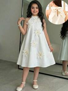 SHEIN Đầm maxi dáng chữ A không tay, thanh lịch cho bé gái tuổi teen, trang trí hoa 3D, điểm nhấn là nơ lớn, màu mơ, thích hợp cho bé gái dự tiệc cưới, dự tiệc, lễ hội. - Màu be - Xem 1