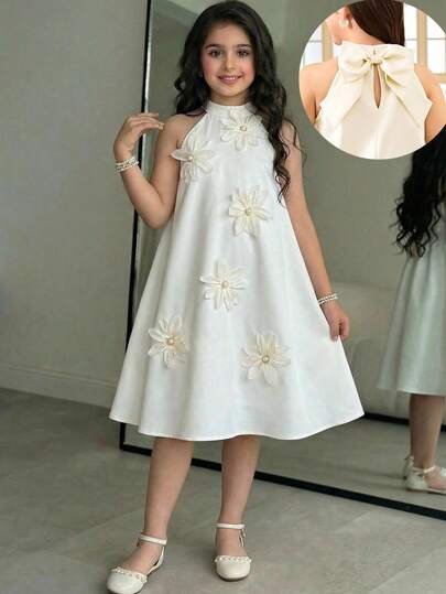 SHEIN Vestido maxi elegante de línea A sin mangas con decoración floral 3D y lazo grande para niña preadolescente, color albaricoque, adecuado para niña de las flores, boda, fiesta, vacaciones