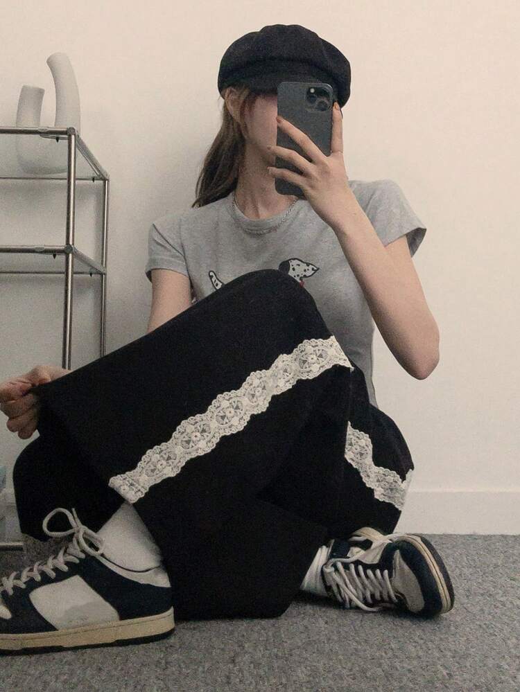 Women's Lace Patchwork Drawstring Waist Casual Versatile Wide Leg Pants For Daily Wear Summer