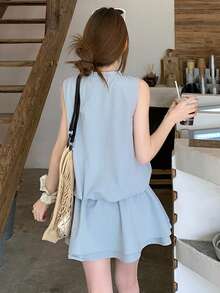 DAZY 女士夏季荷叶边领抽绳系腰短款休闲连衣裙 - 淺藍色 - 查看 3