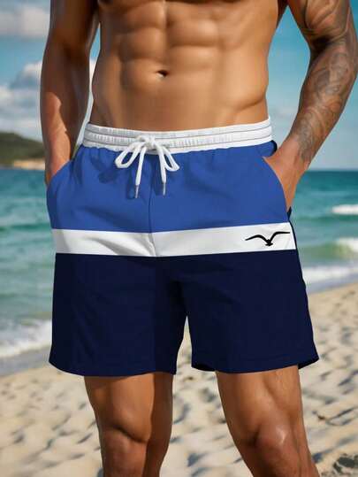 HIMLAND Men's Summer Contrast Color Pattern Drawstring Waist Slant Pocket Hawaiian Double Layer Mesh Lining Shorts, 3D Digital Printing Fashion Casual Beachwear Swim Trunks