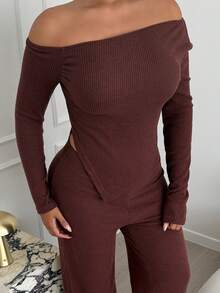 Maria Perezxox Women's Casual Asymmetrical Shoulder Fuzzy T-Shirt + Wide Leg Low Waist Pants 2 Pieces Set, Winter Fall Cloth For Women - Brown - View 3