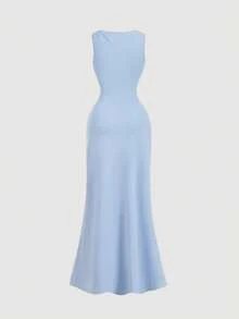 SHEIN MOD 金属扣褶裥不对称修身长裙 - 藍色 - 查看 3
