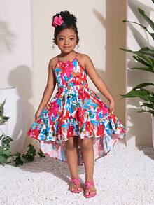 Young Girl Casual Vacation Daily Halter Curved Hem Dress, Vacation Print - Multicolor - View 2