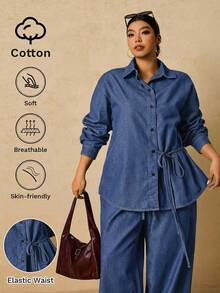 SHEIN Tall CURVE 大码女式长袖单排扣系带衬衫搭配阔腿牛仔裤休闲两件套，适合冬季、圣诞节、新年、感恩节、通勤、度假、毕业典礼等场合，兼具时尚感和Y2K风格，可爱街头风，适合派对、婚礼、商务休闲等各种场合。舒适的牛仔两件套，休闲长袖上衣搭配抽绳腰带阔腿牛仔裤，适合节日聚会等日常穿着。 - 中等水洗藍 - 查看 1