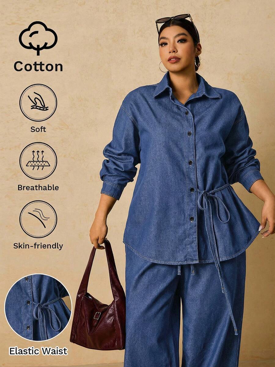 SHEIN Tall CURVE 大码女式长袖单排扣系带衬衫搭配阔腿牛仔裤休闲两件套,适合冬季、圣诞节、新年、感恩节、通勤、度假、毕业典礼等场合,兼具时尚感和Y2K风格,可爱街头风,适合派对、婚礼、商务休闲等各种场合。舒适的牛仔两件套,休闲长袖上衣搭配抽绳腰带阔腿牛仔裤,适合节日聚会等日常穿着。 - 中等水洗藍 - 查看 1