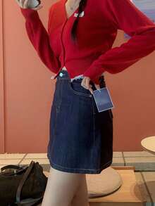 DAZY Chân váy denim ngắn nữ màu trơn, túi xéo, kiểu dáng thường ngày, đa năng. - Rửa tối - Xem 4