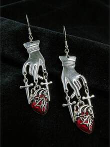 Joivida 1对哥特式泪滴耳环，镀合金材质，红色水晶十字架设计，垂坠式耳环，适合低过敏性朋克摇滚音乐会派对之夜装扮，哥特吸血鬼风格 - 紅色 - 查看 4