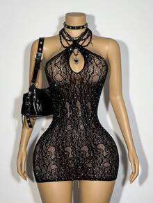 EgrlEra Vestido mini con escote halter y cruzado con adornos de strass para mujer - Negro - Ver 2