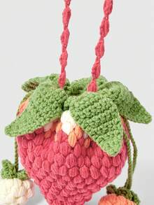 ROMWE Kawaii 1 件手工彩色针织草莓抽绳斜挎包，时尚可爱草莓钱包 - 粉色 - 查看 3