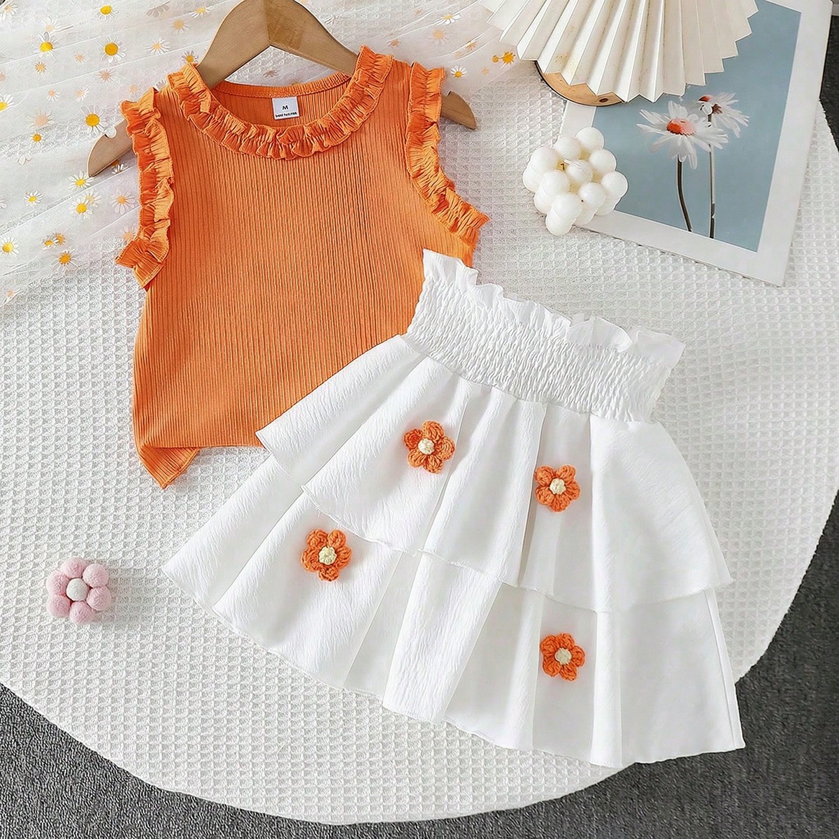 Conjunto de chaleco con volantes en el bajo y falda de parches estilo pastel para niña, conjunto de punto floral 3D hecho a mano para vacaciones