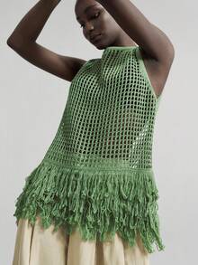 Ontre 2026 New Vacation Style Bohemian Women's Clothing, Fringe Hem Hollow Out Knit Sleeveless Top, Linen Pullover Knit Tank Top, V-Neck Design Vacation Style Ladies Vacation Outfit Country Music Festival Bohemian Clothing Beach Clothing, All Season  Ins Celebrity Same Style Vacation Style, Exotic Atmosphere, Country Concert, Western Style Clothing, High-Grade Fabric, Comfortable And Breathable Bohemian Style Vacation Wear - Green - View 1