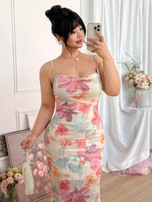 SHEIN CovetEZ Váy ôm in họa tiết tie-dye thanh lịch cỡ lớn, phù hợp cho mùa xuân và mùa thu - Màu vàng ngỗng - Xem 9