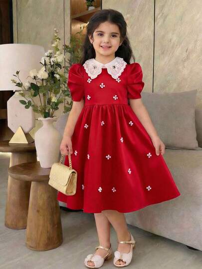 SHEIN Vestido casual de niña con cuello de cuentas de color contrastante y mangas gigot tejidas