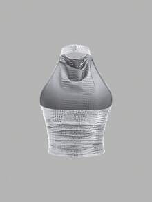 Sweetra New European & American Style Sexy Backless Halter Neck Sleeveless Pleated Fitted Casual Crop Top, Suitable For High Street, Y2K, Dates, Parties, Versatile - Silver - View 2