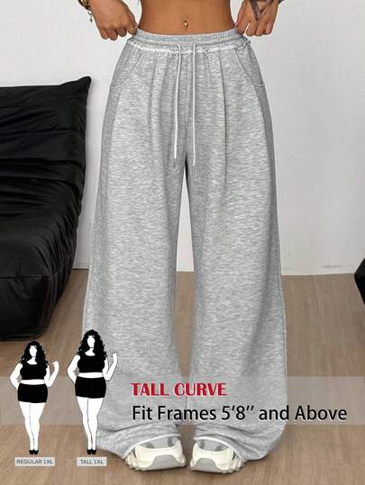SHEIN Tall CURVE Plus Size Casual Loose Elastic Waist Drawstring Pants, Versatile For Daily Wear Wide Leg Sweatpants Lounge Pants Women