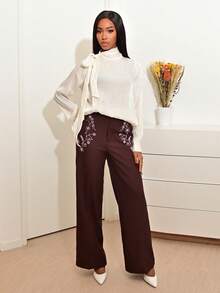 Mima John Women's High Neck Long Sleeve Tie Cuff Elegant Chic Commuter Blouse With Bowknot - Apricot - View 6