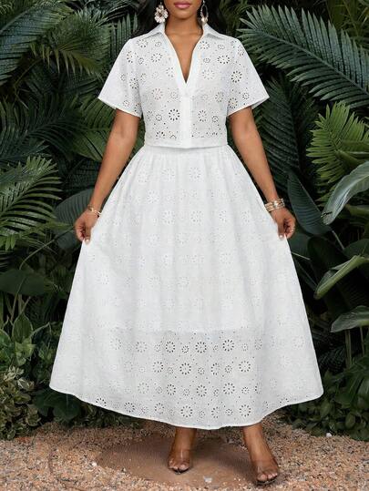 SHEIN Lady 两件套女士纯色镂空V领短袖上衣和裙子套装