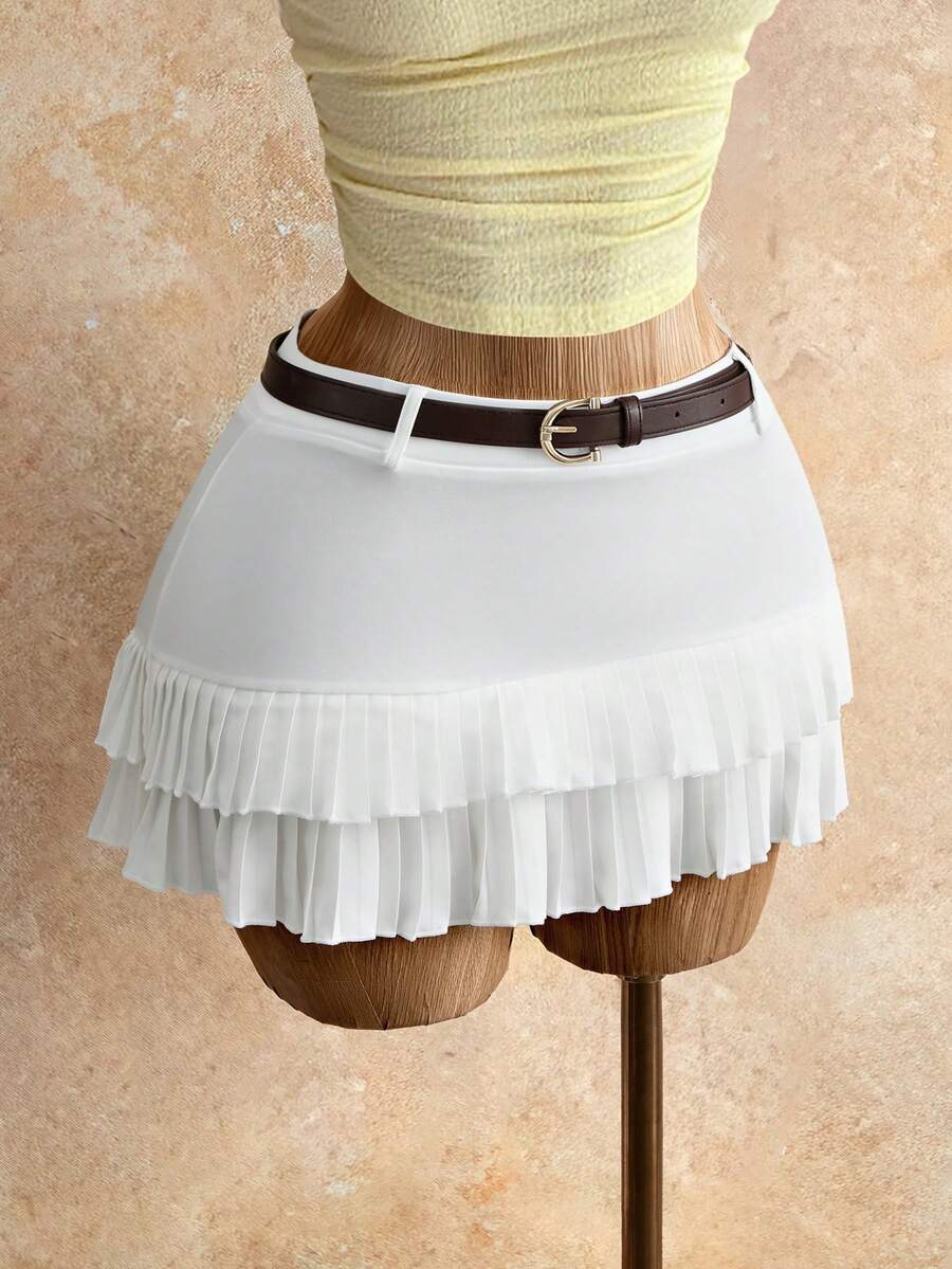 Mistrie Women's Fashionable Versatile Solid Color Pleated Mini Skirt, Summer - White - View 1