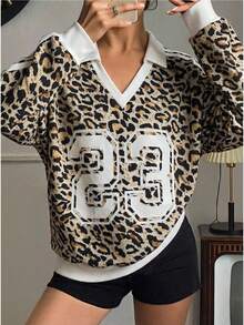 Anewsta 女士时尚优雅豹纹休闲百搭高品质舒适长袖套头卫衣，春季 - 卡其色 - 查看 2