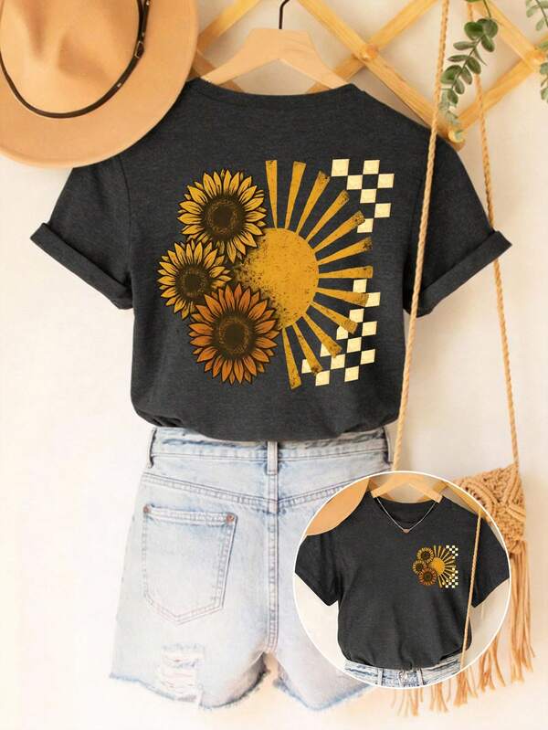 DrmWander Vacation Outfits,Spring,Resort Wear Women,Spring Outfits For Women Graphic Tops Sunflower Graphic Tee Vintage Graphic Tees Graphic T Shirts Sunflower Shirt