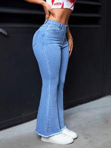 SHEIN PETITE Jeans acampanados de corte slim con lavado casual para mujer - Lavado ligero - Ver 4