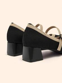 CUCCOO BASICS Women's Round Toe Thick Sole Black Knit Slip-On Buckle Strap Comfortable Breathable Casual Commute Versatile Mary Jane Flat Shoes - Black Apricot - View 4