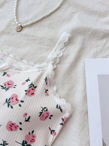 SHEIN Bộ đồ ngủ trẻ em Dozemod dành cho bé gái tuổi teen, in họa tiết hoa, viền nơ và áo hai dây, gồm áo hai dây và quần short, kiểu dáng thoải mái, ôm sát, 2 món, màu hồng. - Màu Hồng baby - Xem 3