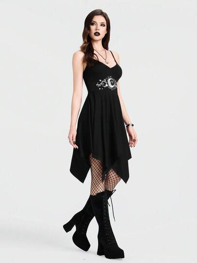 Breakform Women's Gothic Sexy V-Neck Adjustable Strap Waist Pattern Print Asymmetrical Hem Fitted Mini Dress, Suitable For Daily Outings And Party Wear