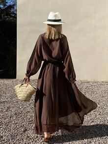 Livesso Dark Brown Autumn Boho Vacation Holiday Women's 2-Piece Set,Loose Front Tie Strap Blouse & Lace Patchwork A-Line Skirt,Elegant Wedding Lounge Sets - Brown - View 6