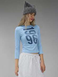 COUREZ Long Sleeve Jersey Top With Front Graphic Print /Y2K Long Sleeve Tops Going Out Tops Women Tops Winter Clothes For Women Blue Top Graphic Tees Women Cute Tops Summer Tops Summer Outfits - Baby Blue - View 5