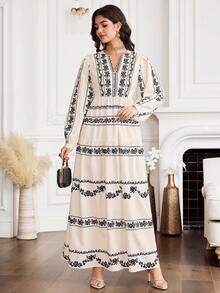 Yasmyna Modest Casual Vacation Women's Floral Print V-Neck Long Sleeve Arabic Dress - Multicolor - View 2