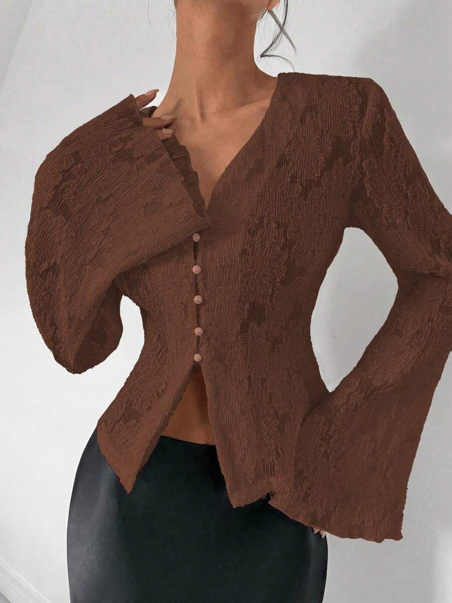 Almamuse 时尚浪漫性感纯色蕾丝前开襟纽扣长袖衬衫 - 棕色 - 查看 1