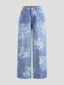 SHEIN MOD 女士天使印花斜插口袋休闲百搭阔腿牛仔裤 - 藍色 - 查看 6